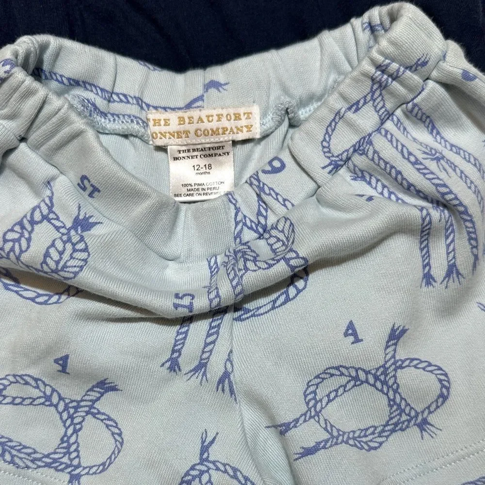 EUC The Beaufort Bonnet Co. nautical shorts & Blue Rooster pocket onesie 12/18mo